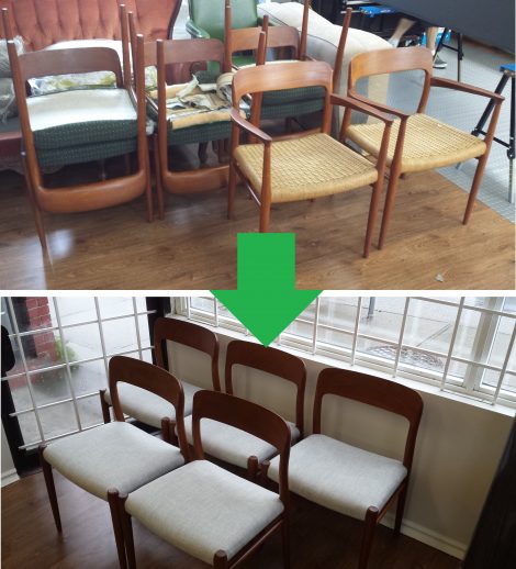 before and after teak dining chair reupholstery